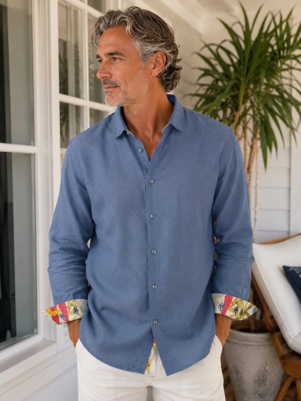 Ganesh Blue Button Front Long Sleeve 100% Linen Shirt Mens XXXL EUC